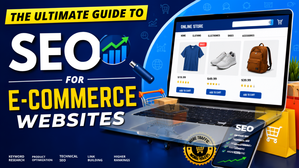 Ultimate guide to SEO for e-commerce websites with online store, shopping cart, and SEO optimization icons