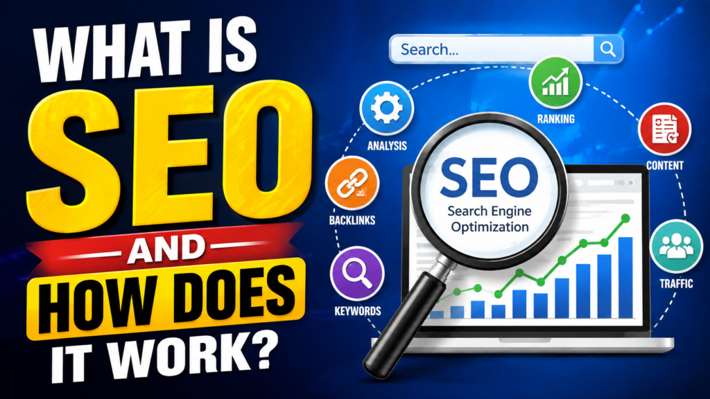 SEO search engine optimization illustration showing keywords, backlinks, ranking, content and website traffic
